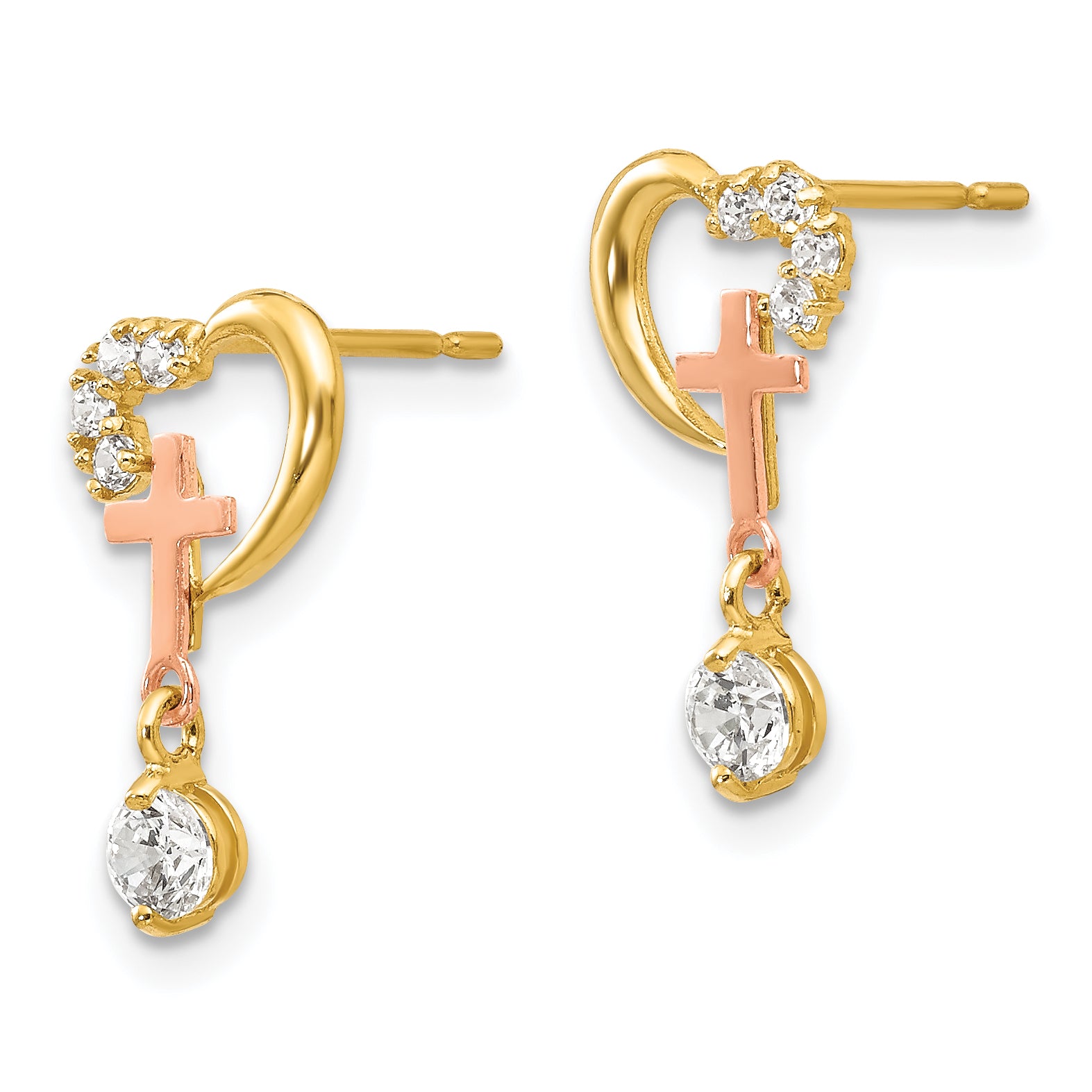 14K Two-Tone Gold Children's Cross & Heart Earrings with CZ Stone Secondary image