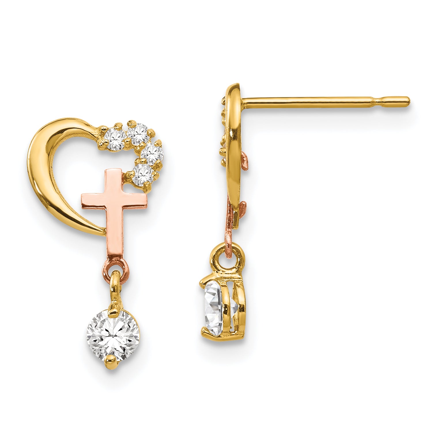 14k Madi K Two-tone CZ Children's Cross & Heart Post Earrings Main image