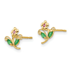 14K Gold CZ Children's Flower Earrings with Polished Finish, Nickel Free