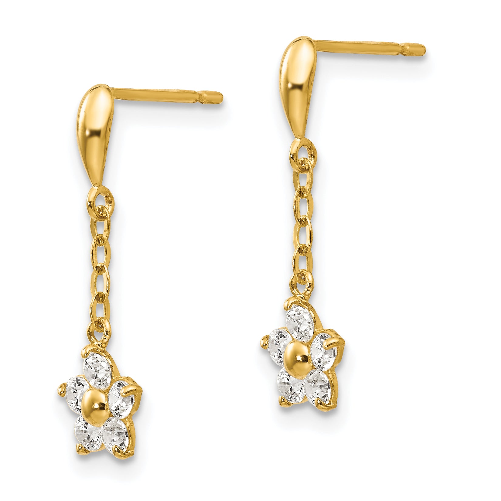14K Gold CZ Flower Dangle Earrings for Girls  Polished, Nickel-Free