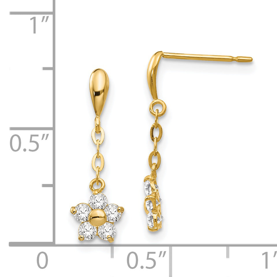 14K Gold CZ Flower Dangle Earrings for Girls  Polished, Nickel-Free