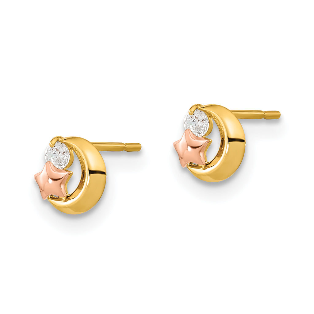 14K Two-Tone Gold Moon & Star CZ Earrings for Women Polished, Nickel-Free