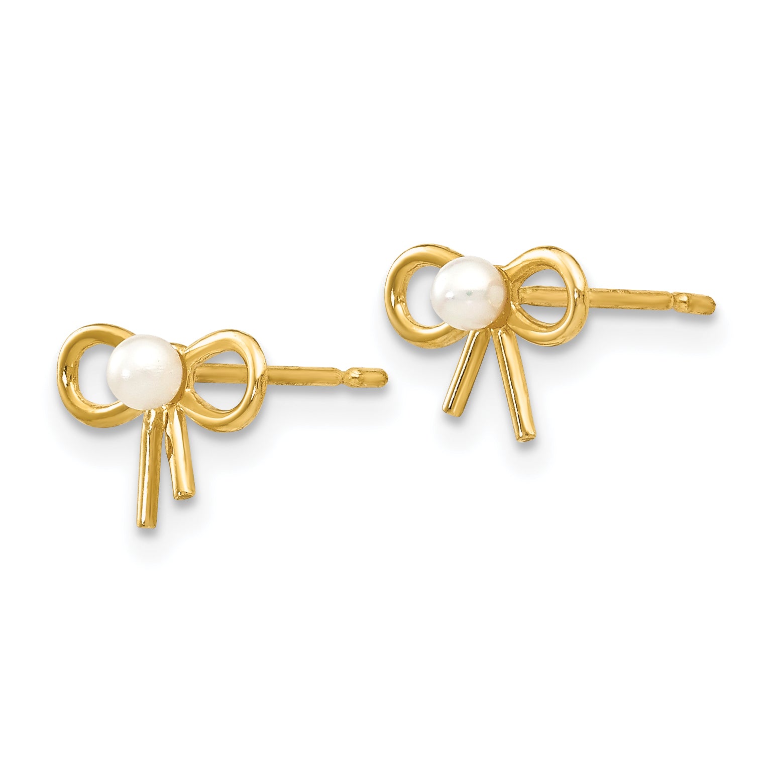 14K Gold Children's Pearl Bow Earrings with Polished Finish Secondary image