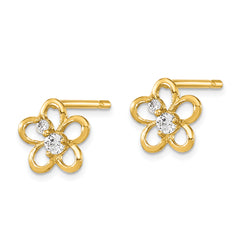 14K Gold Children's Flower Earrings with CZ, Polished & Nickel-Free