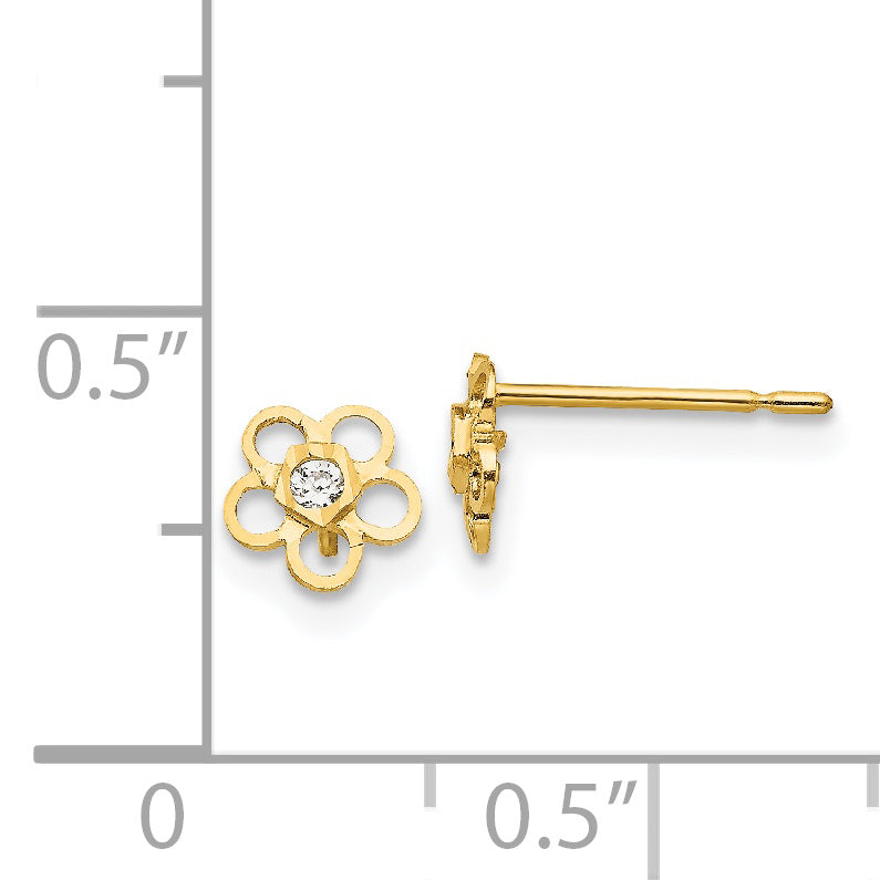 14K Gold Children's Flower Earrings with Cubic Zirconia  Polished, Nickel-Free.
