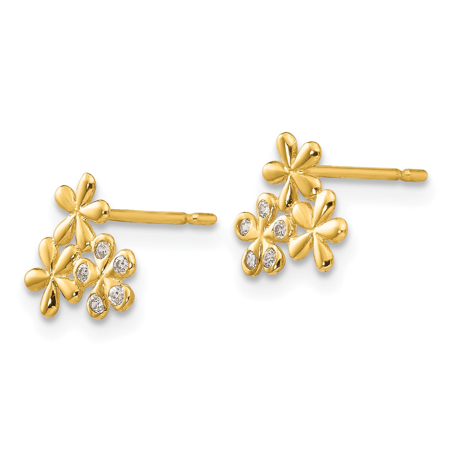 14K Gold Children's Flower Earrings with CZ Stones, Polished Finish Secondary image