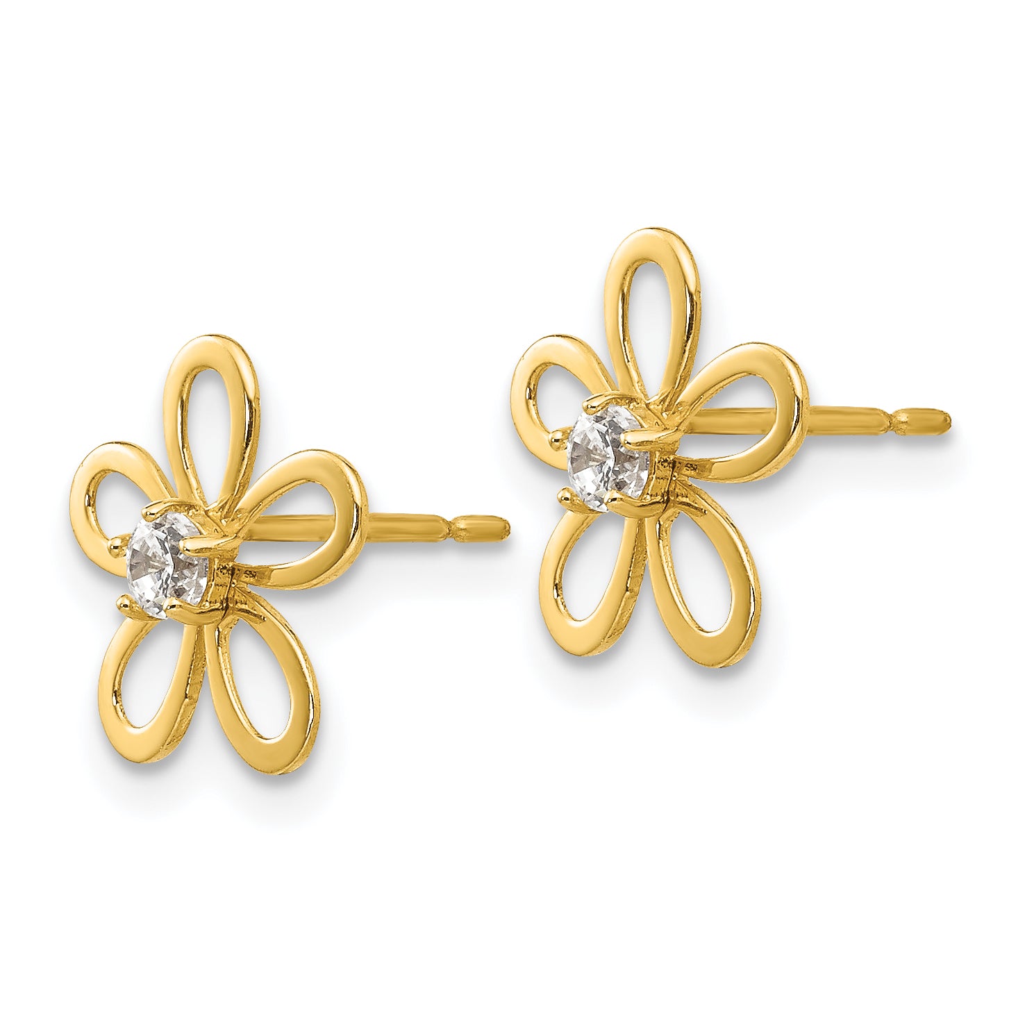 14K Gold Children's Flower Earrings with CZ Stones, Polished Finish, Nickel-Free Secondary image