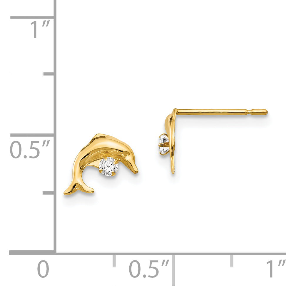 14K Gold Dolphin CZ Children's Earrings  Polished, Nickel-Free, Push Back