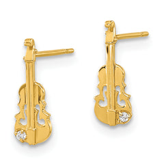 14K Gold Children's Violin Earrings with CZ Stones & Polished Finish