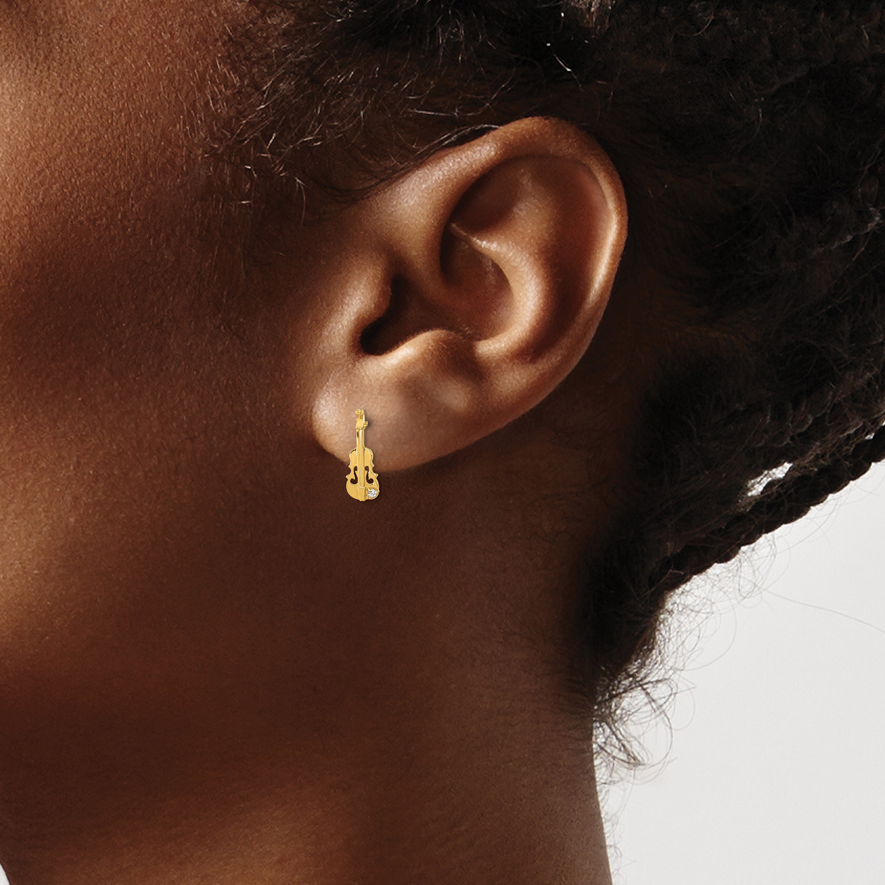 14K Gold Children's Violin Earrings with CZ Stones & Polished Finish