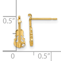 14K Gold Children's Violin Earrings with CZ Stones & Polished Finish