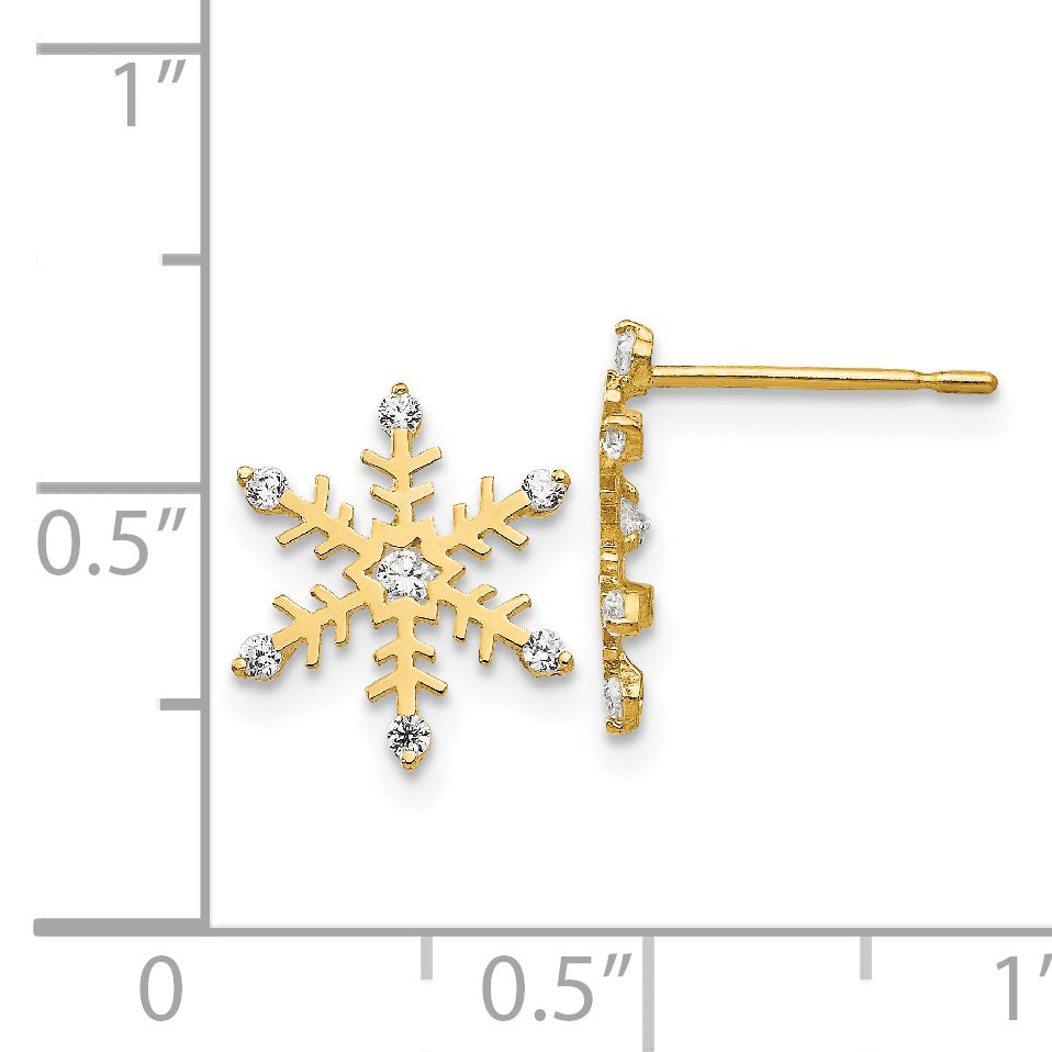 14K Gold CZ Snowflake Earrings for Girls  Polished, Nickel-Free