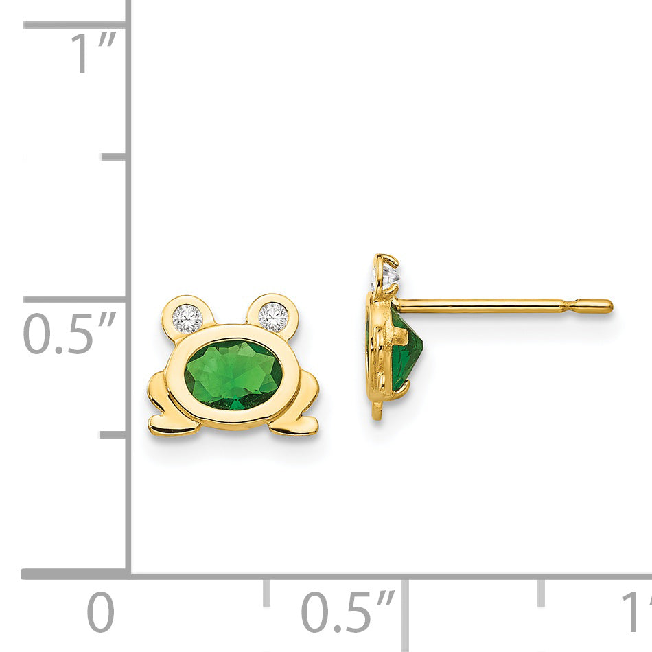 14K Gold CZ Frog Earrings for Girls  Polished, Nickel-Free, Post Back