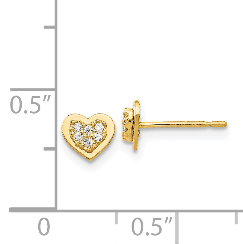 14K Gold CZ Children's Heart Earrings with Polished Finish Nickel Free