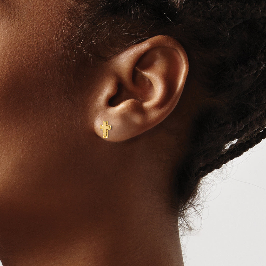 14K Gold Diamond-Cut Cross Earrings for Women with Satin Polished Finish