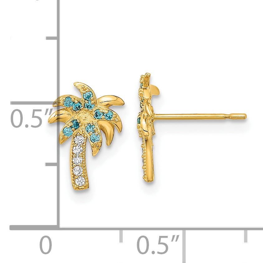 14K Gold Palm Tree Earrings with Blue & Clear CZ Stones  Polished, Nickel-Free