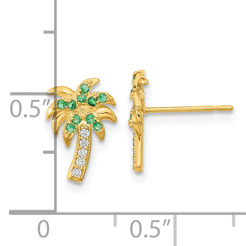 14K Gold Palm Tree Earrings with Green & Clear CZ Stones  Polished Finish