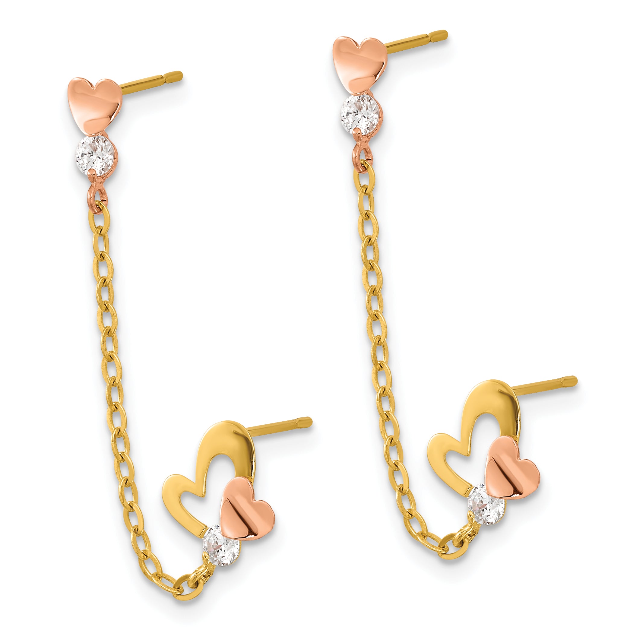 14K Two-Tone Gold Heart Drop Earrings with CZ Chain Detailing Secondary image
