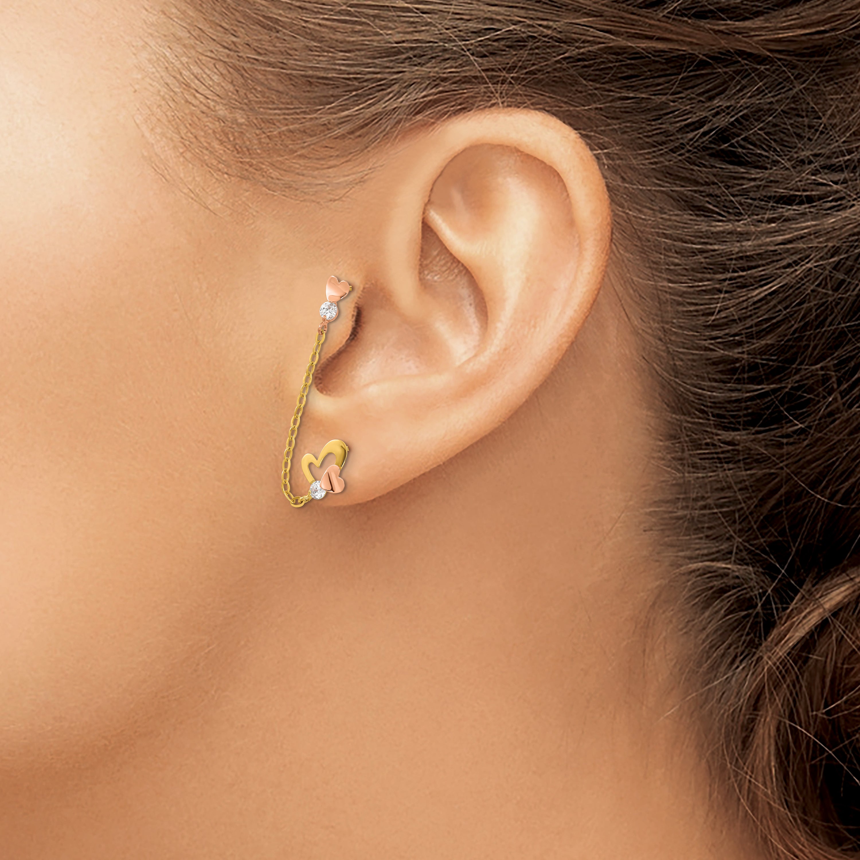 14K Two-Tone Gold Heart Drop Earrings with CZ Chain Detailing