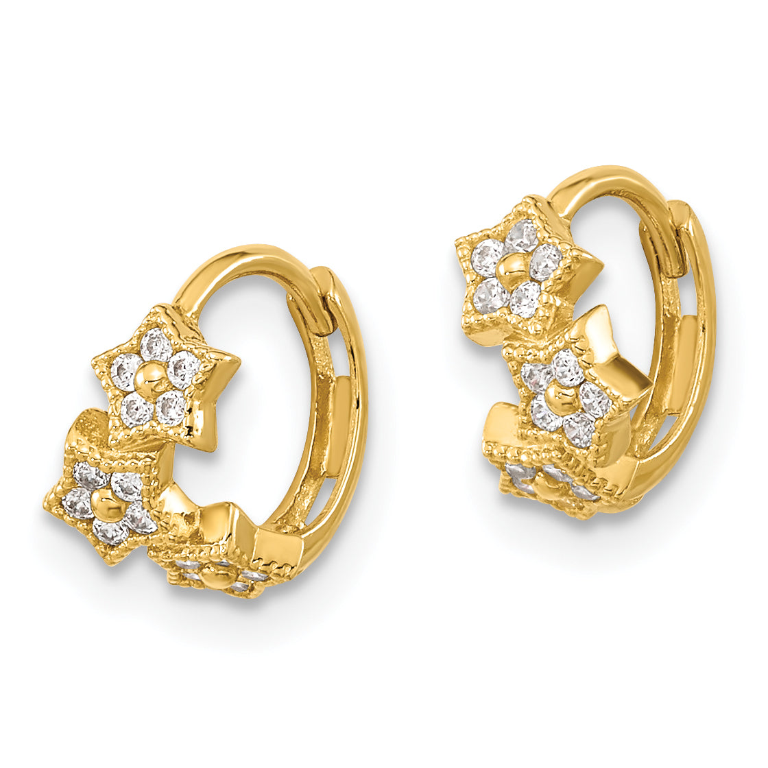 14K Gold CZ 3-Star Hinged Hoop Earrings with Polished Finish