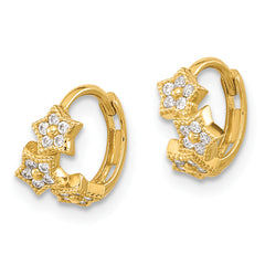 14K Gold CZ 3-Star Hinged Hoop Earrings with Polished Finish