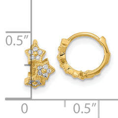 14K Gold CZ 3-Star Hinged Hoop Earrings with Polished Finish