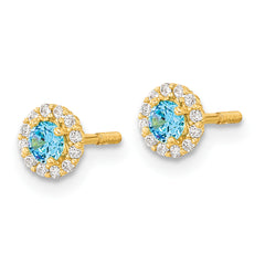 14K Gold Blue and Clear CZ Button Earrings with Polished Finish