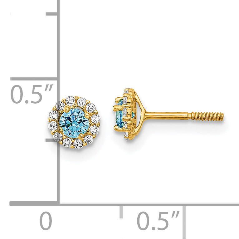 14K Gold Blue and Clear CZ Button Earrings with Polished Finish