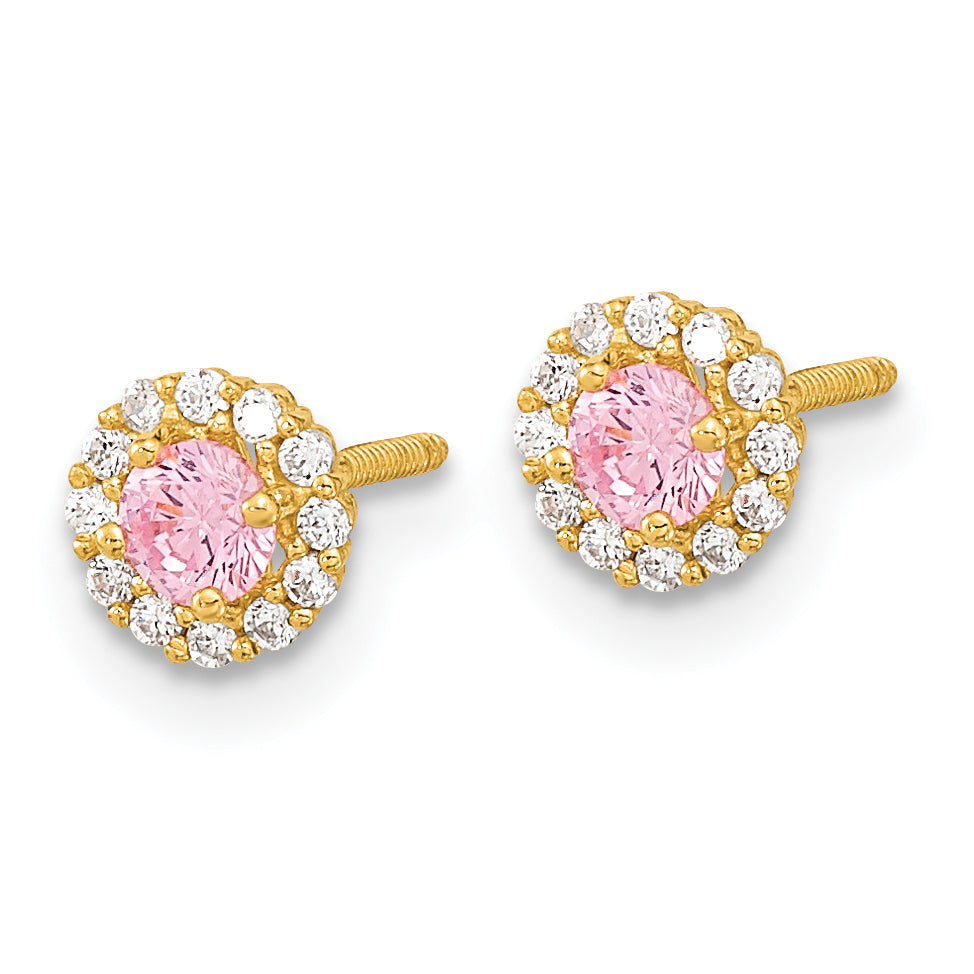 14K Gold Pink and Clear CZ Screwback Earrings Polished, Nickel-Free Secondary image