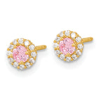 14K Gold Pink and Clear CZ Screwback Earrings Polished, Nickel-Free