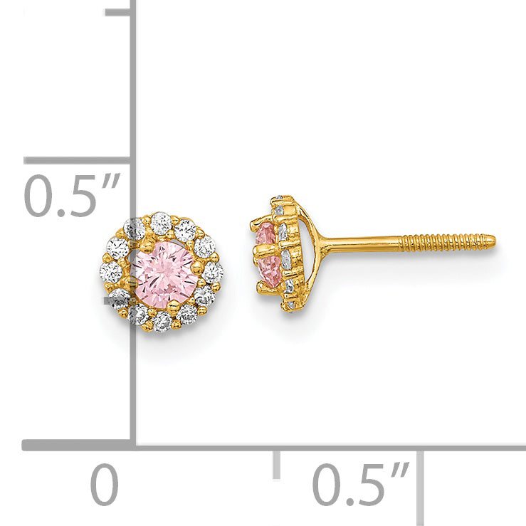 14K Gold Pink and Clear CZ Screwback Earrings Polished, Nickel-Free