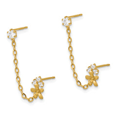 14K Gold CZ Flower Dangle Earrings with Double Post Chain Elegant Polished Finish