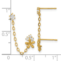 14K Gold CZ Flower Dangle Earrings with Double Post Chain Elegant Polished Finish