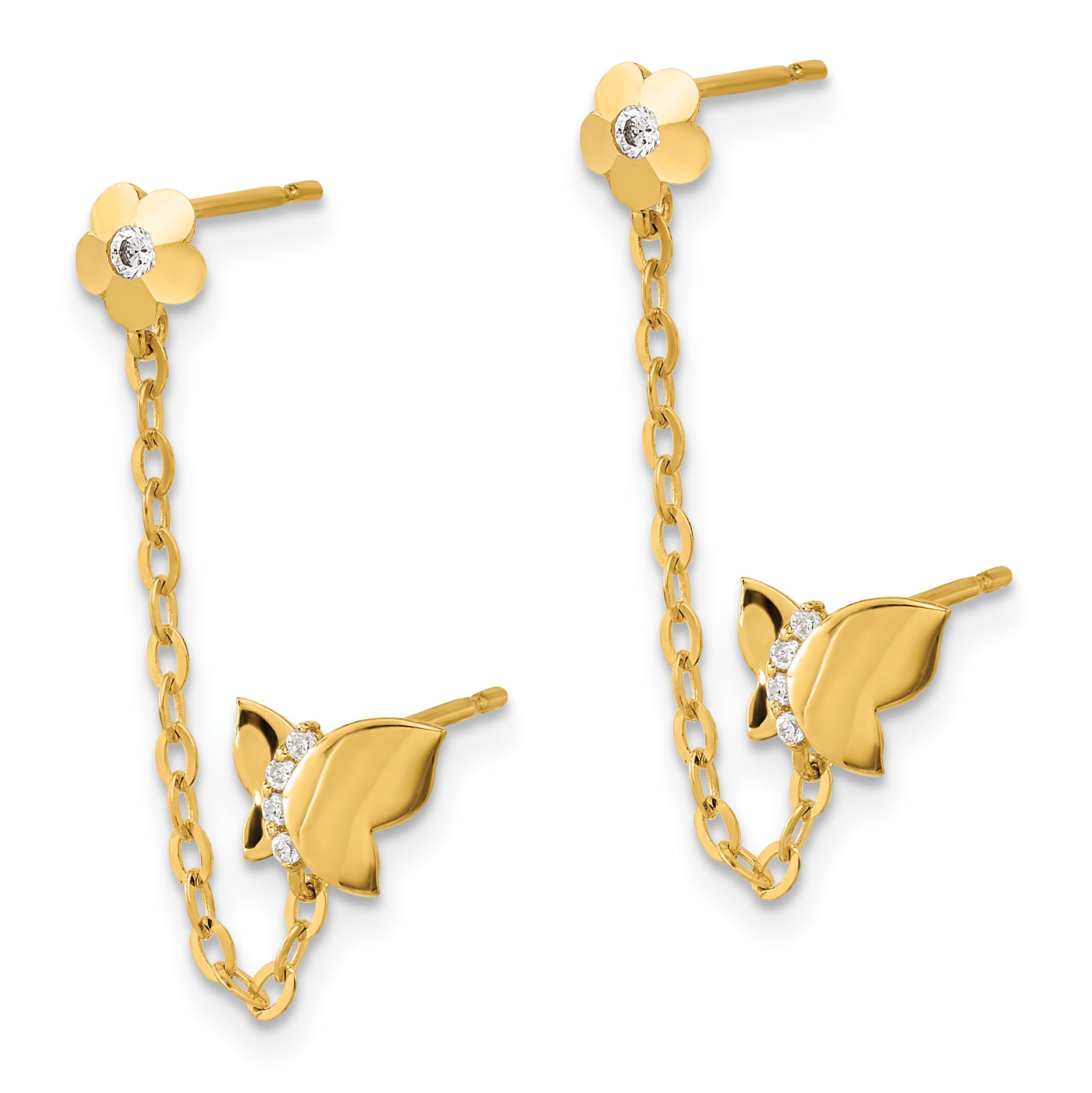 14K Gold Butterfly & Flower CZ Drop Earrings with Chain  Elegant Polished Finish
