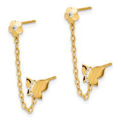 14K Gold Butterfly & Flower CZ Drop Earrings with Chain  Elegant Polished Finish
