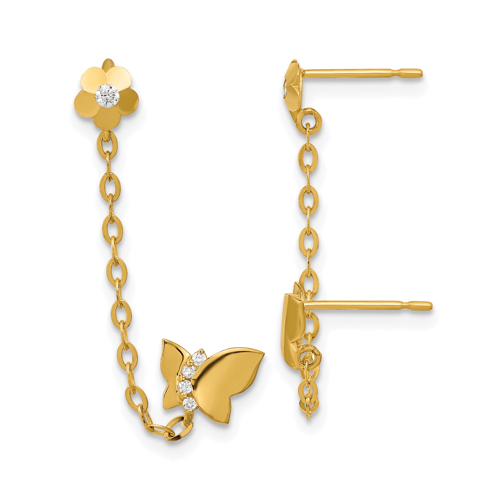 14k Madi K CZ Double Post w/Chain Butterfly & Flower Earring