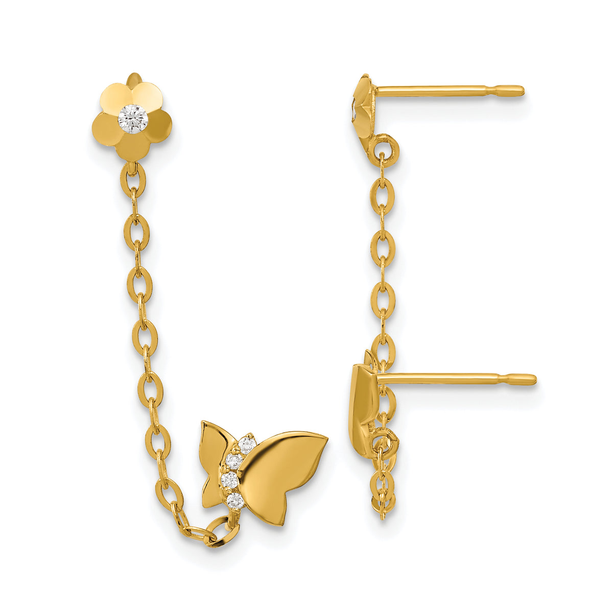 14k Madi K CZ Double Post w/Chain Butterfly & Flower Earring