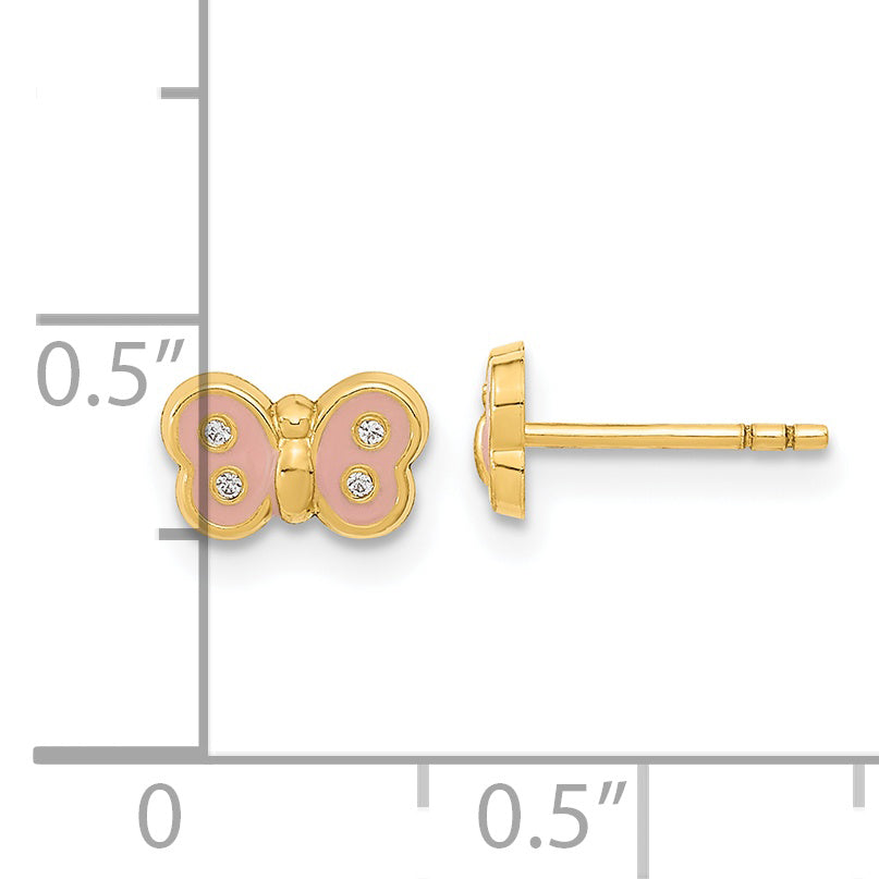 14K Gold CZ Butterfly Earrings with Pink Enamel for Children