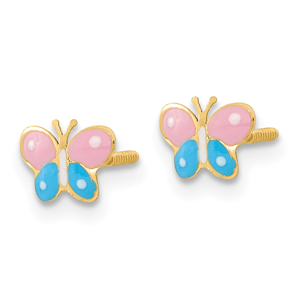 14K Gold Polished Enamel Butterfly Earrings for Kids with Screwback