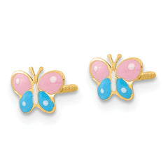 14K Gold Polished Enamel Butterfly Earrings for Kids with Screwback