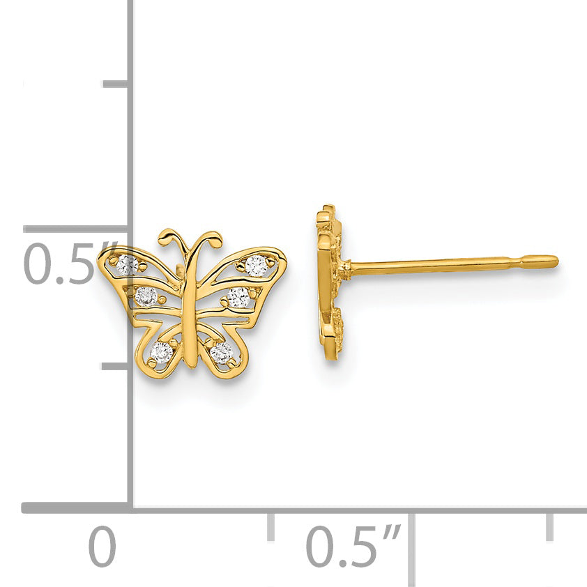 14K Yellow Gold CZ Butterfly Earrings for Kids Polished, Nickel-Free