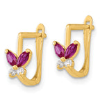 14K Gold Butterfly J-Hoop Earrings with Red and White CZ Stones