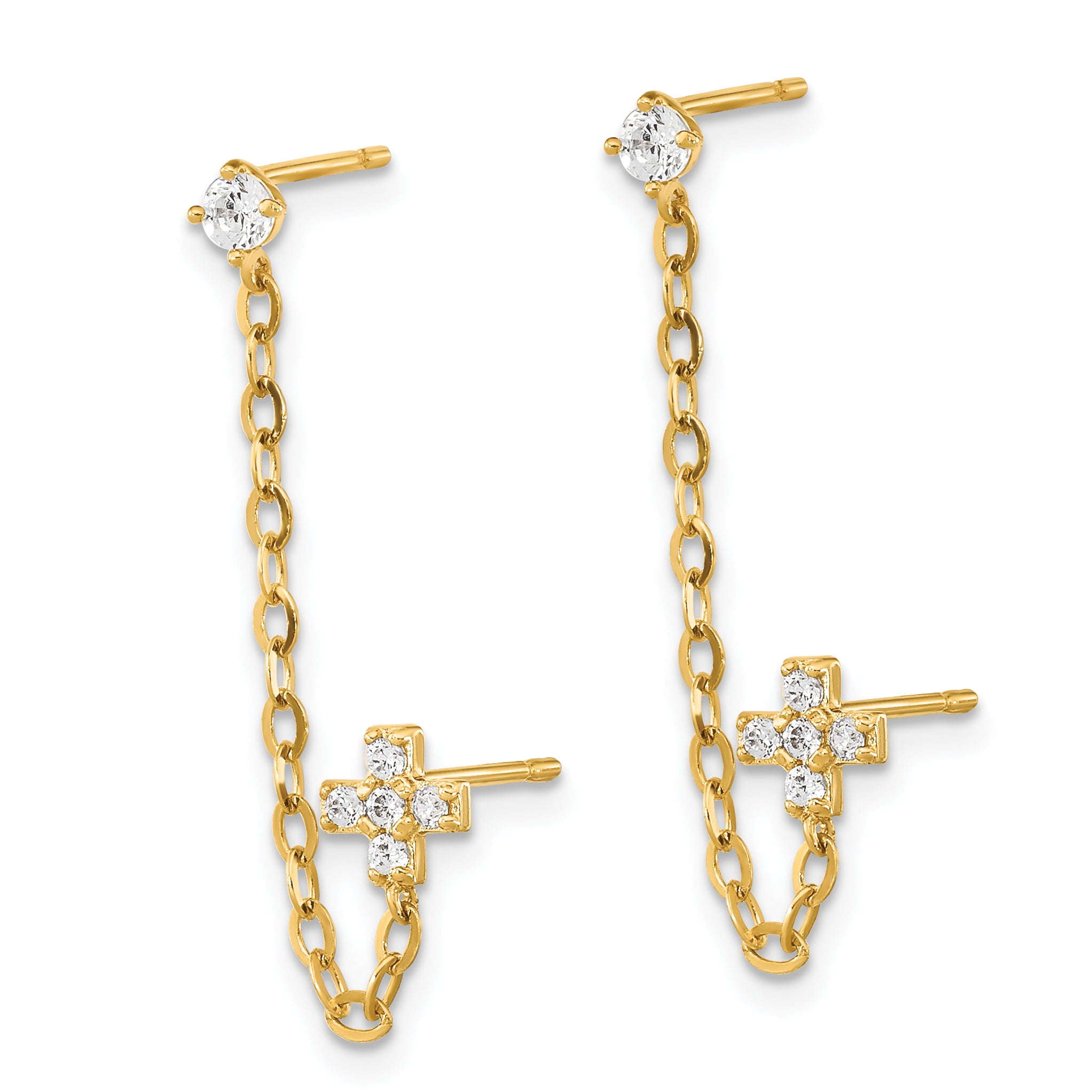 14K Gold Double Post Chain Earring with CZ Cross  Elegant Polished Finish Secondary image