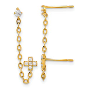 Double Chain Stud Earrings in 14K Yellow Gold with Cubic Zirconia Cross, 5mm - Sophia Jewelers