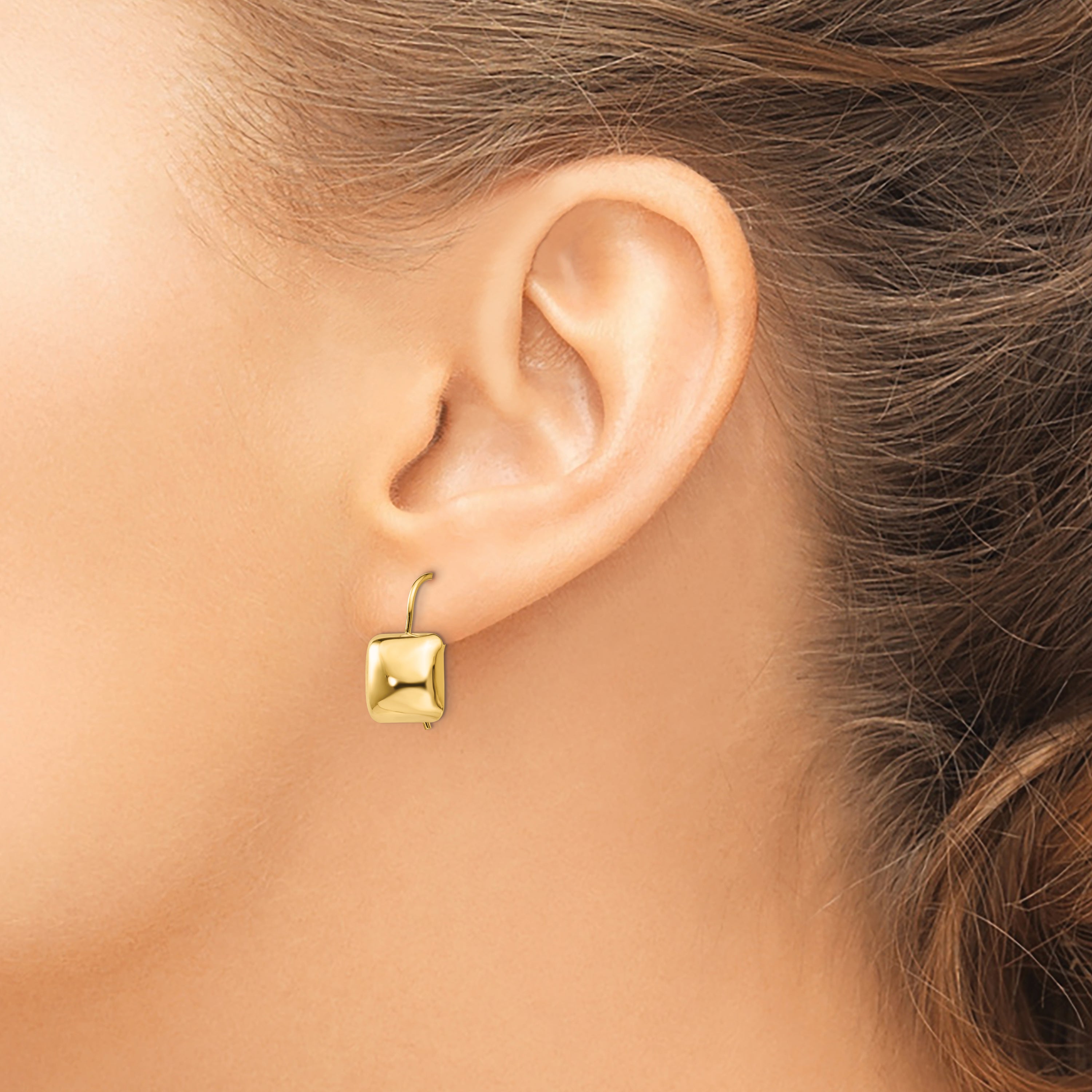 14K Gold Polished Puffed Square Dangle Earrings with Kidney Wire