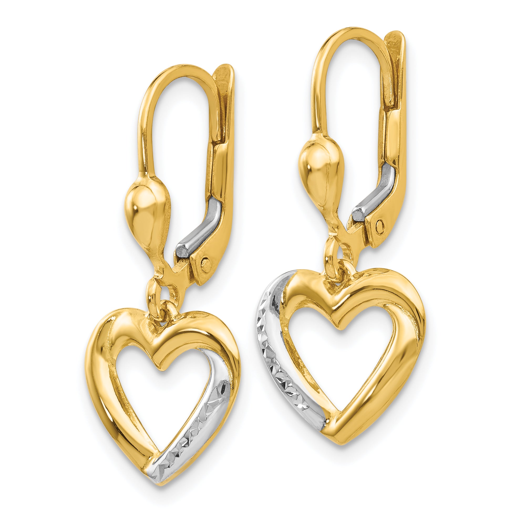 14K Gold and Rhodium Textured Heart Leverback Earrings  Polished Elegance for Women