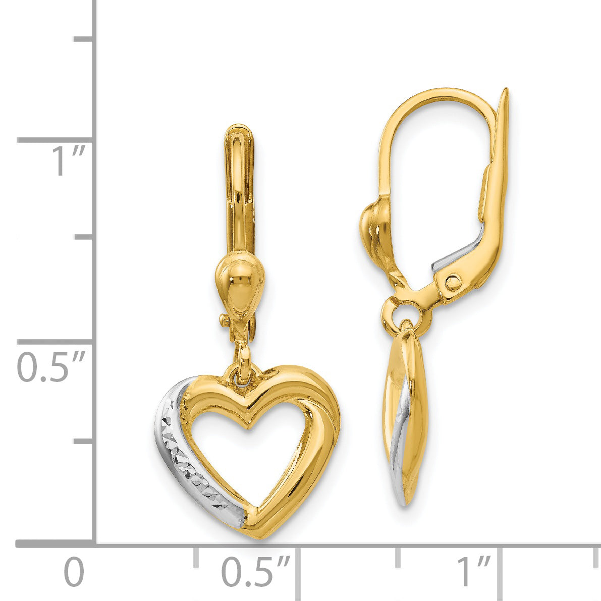 14K and Rhodium Textured and Polished Heart Leverback Earring