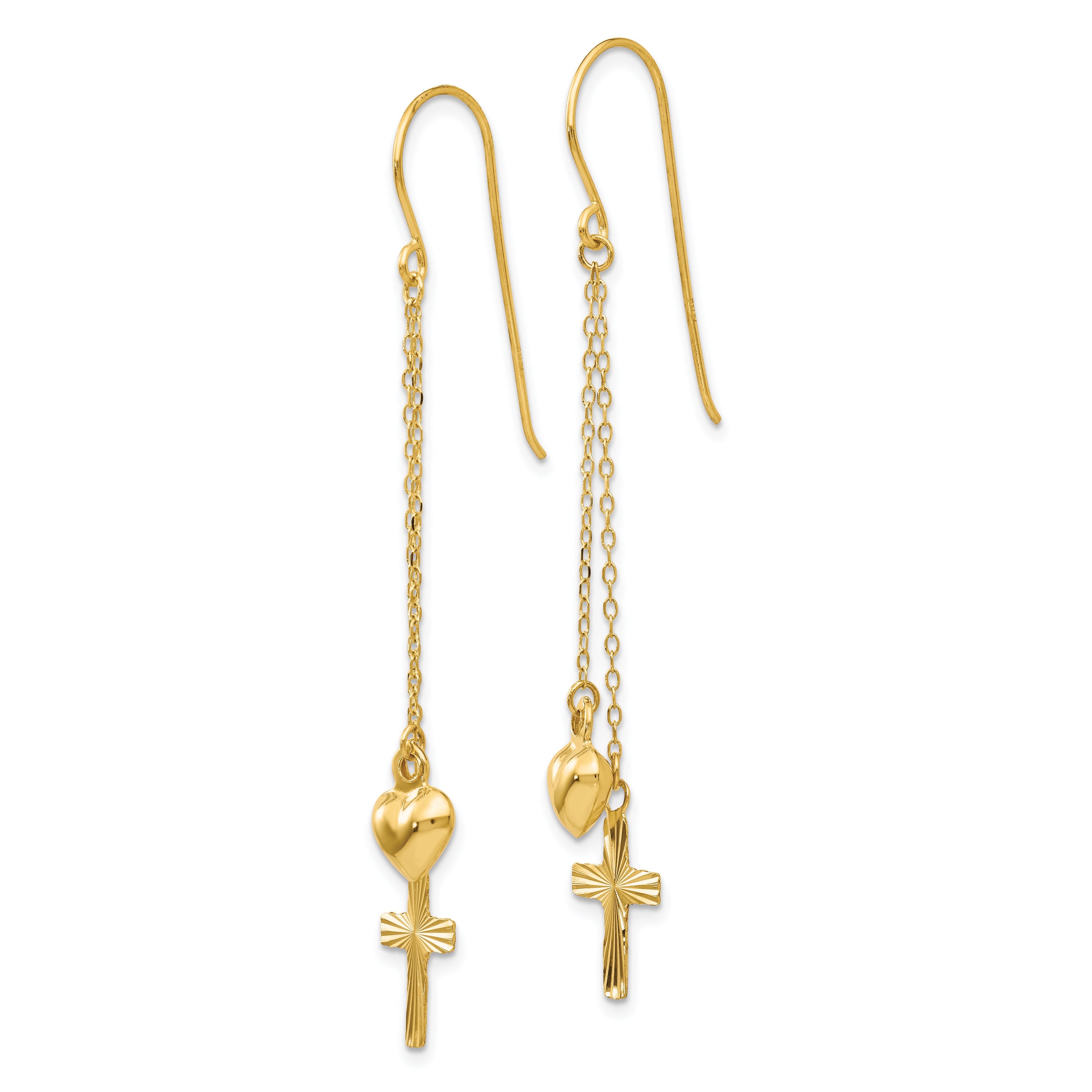 14K Gold Dangle Earrings with Puffed Heart & Diamond Cut Cross Design