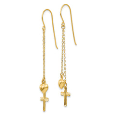 14K Gold Dangle Earrings with Puffed Heart & Diamond Cut Cross Design