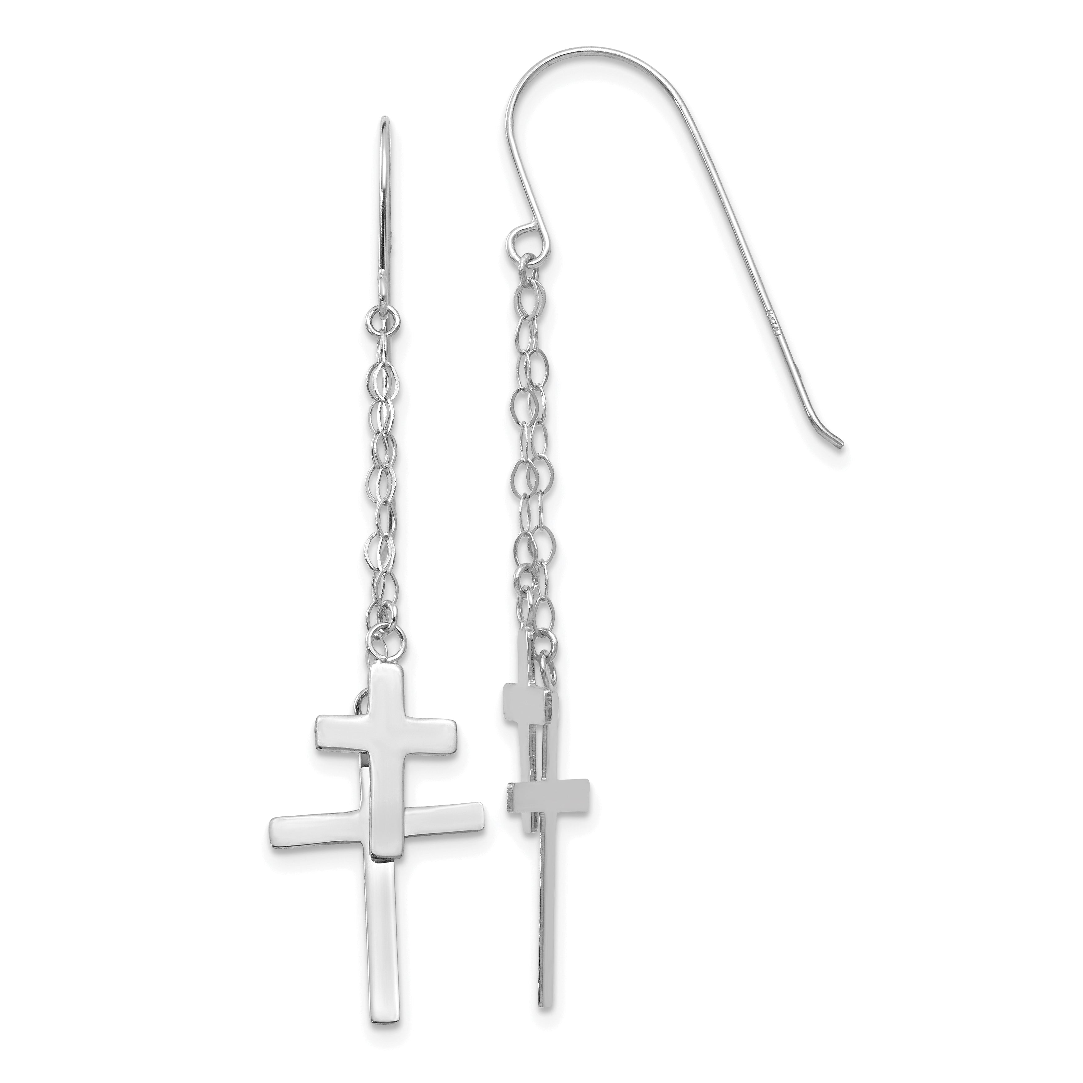 14K White Gold Chain Dangle Cross Shepherd Hook Earrings